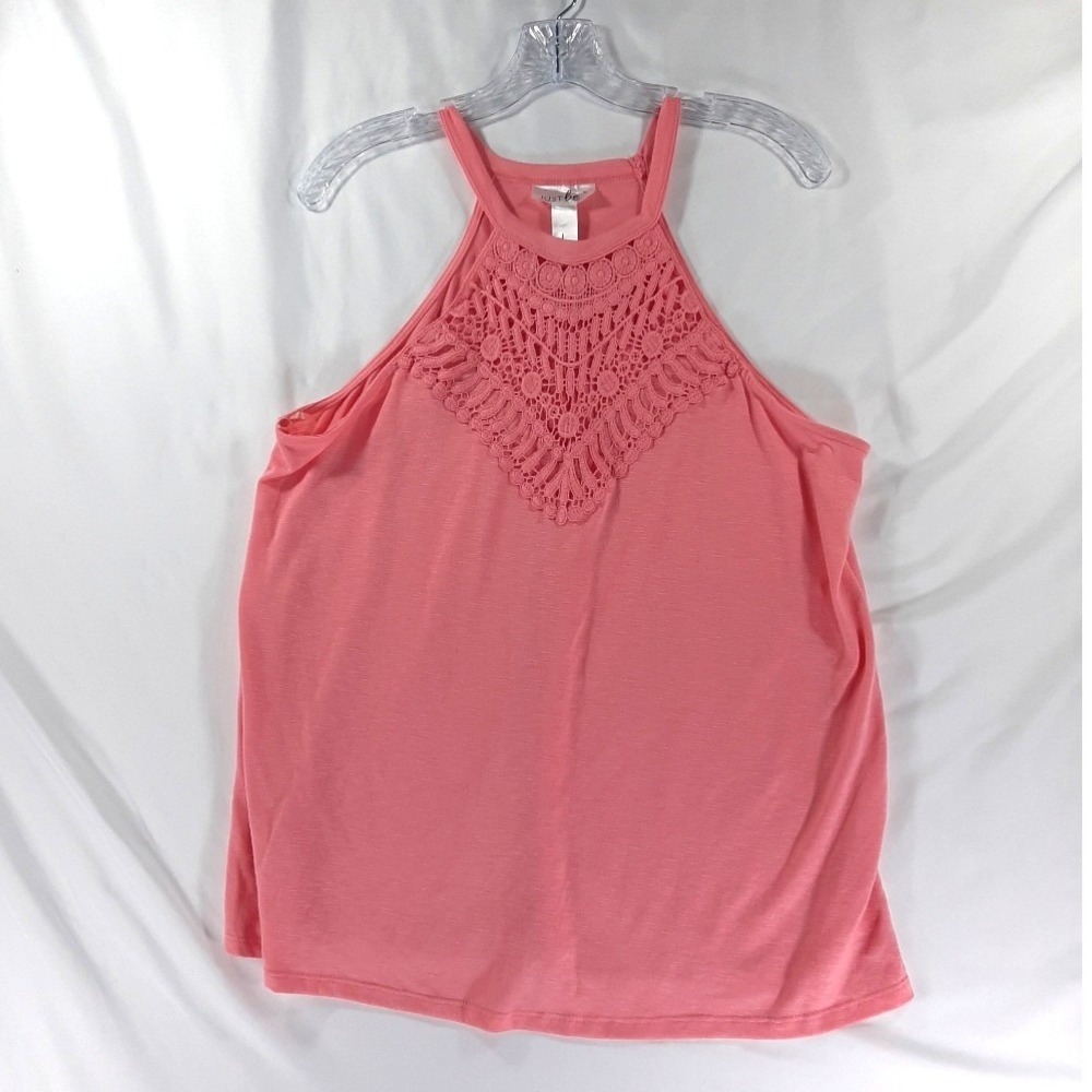Coral Pink Halter Tank Top Crochet Lace Bib Slub Knit Size L Just Be